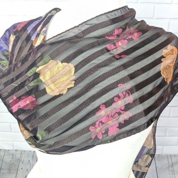 Liz Claiborne Satin Brown & Gold Floral Scarf - Picture 5 of 6